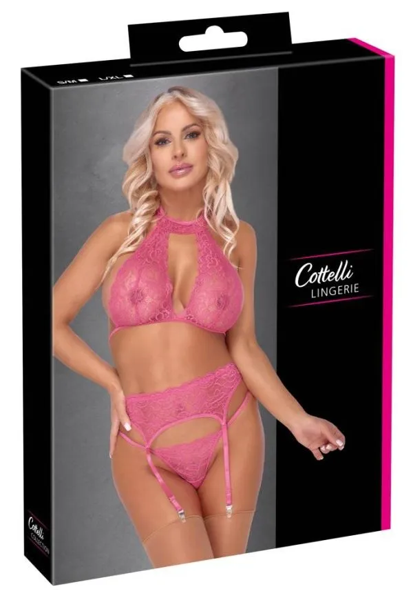 22144823111_verp Cottelli LINGERIE - Neckholder-BH Strapsset S/M, pinkfarbene Spitze pink Größe L/XL