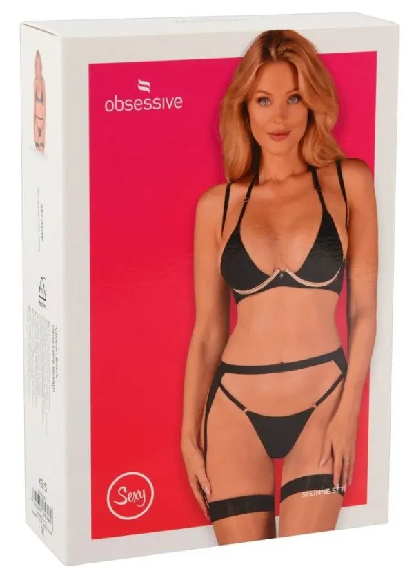 Obsessive Dessous-Set Selinne - Bügel-BH, Strapsgurt und String schwarz Größe XL/2XL