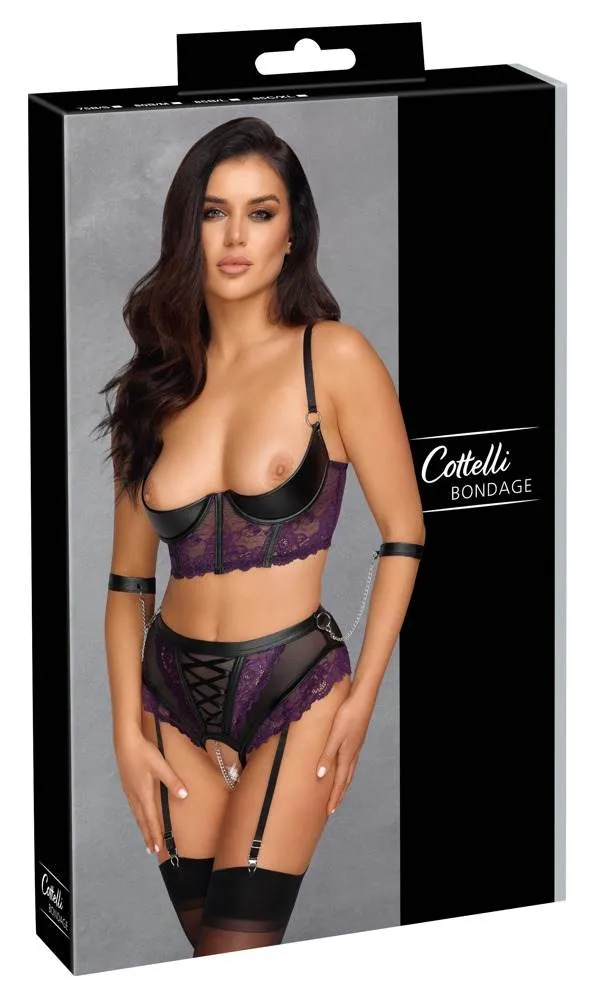 Cottelli BONDAGE Burlesque-Set: Longline-Hebe, Straps-Slip ouvert & Handfesseln Schwarz/Lila Größe 75B/S