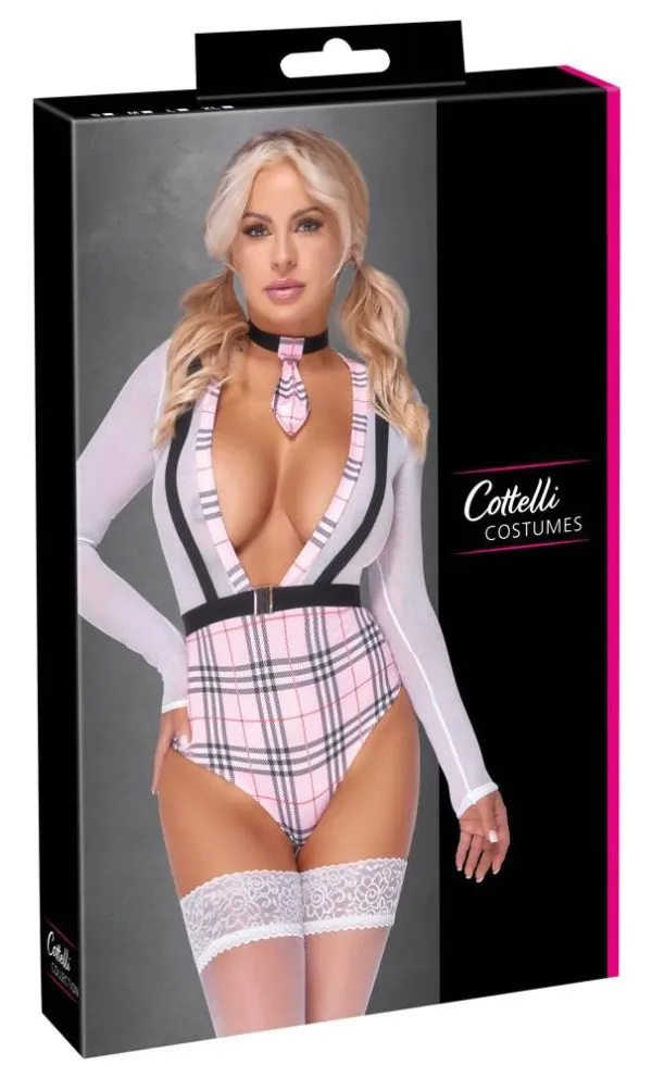 Cottelli COSTUMES Schulmädchen Kostüm - Karo-Look, Langarm-Body & Krawatten-Halsband Weiß/Rosa/Schwarz Größe L