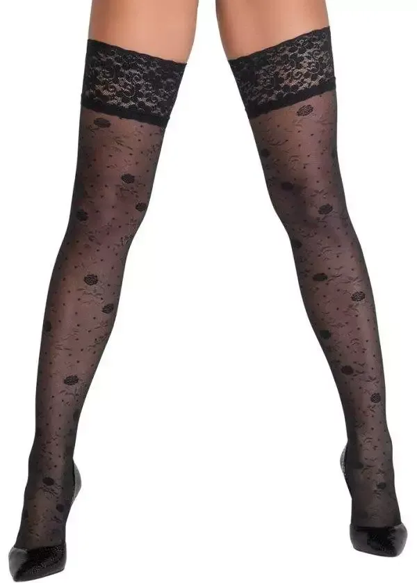 Cottelli LEGWEAR - Rosenmuster Halterlose Strümpfe schwarz Größe 1