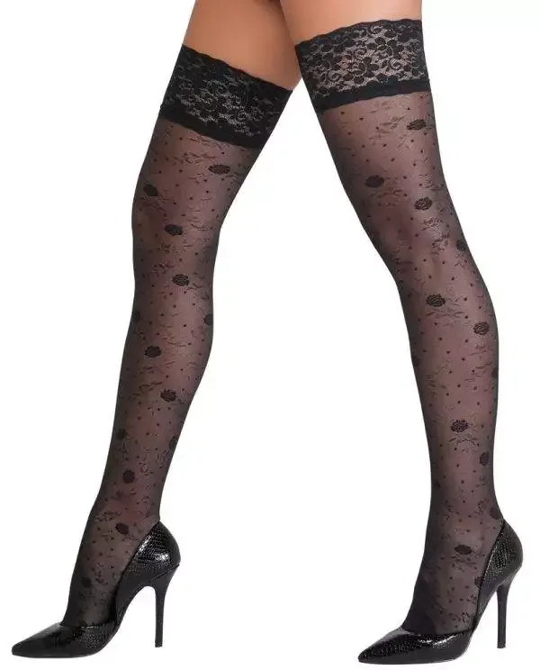 Cottelli LEGWEAR - Rosenmuster Halterlose Strümpfe schwarz Größe 1