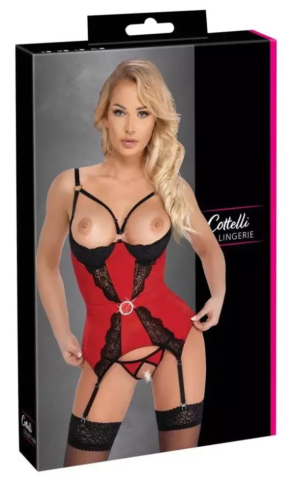 Cottelli LINGERIE Strapshemd rot - busenfrei & String ouvert Rot/Schwarz Größe M