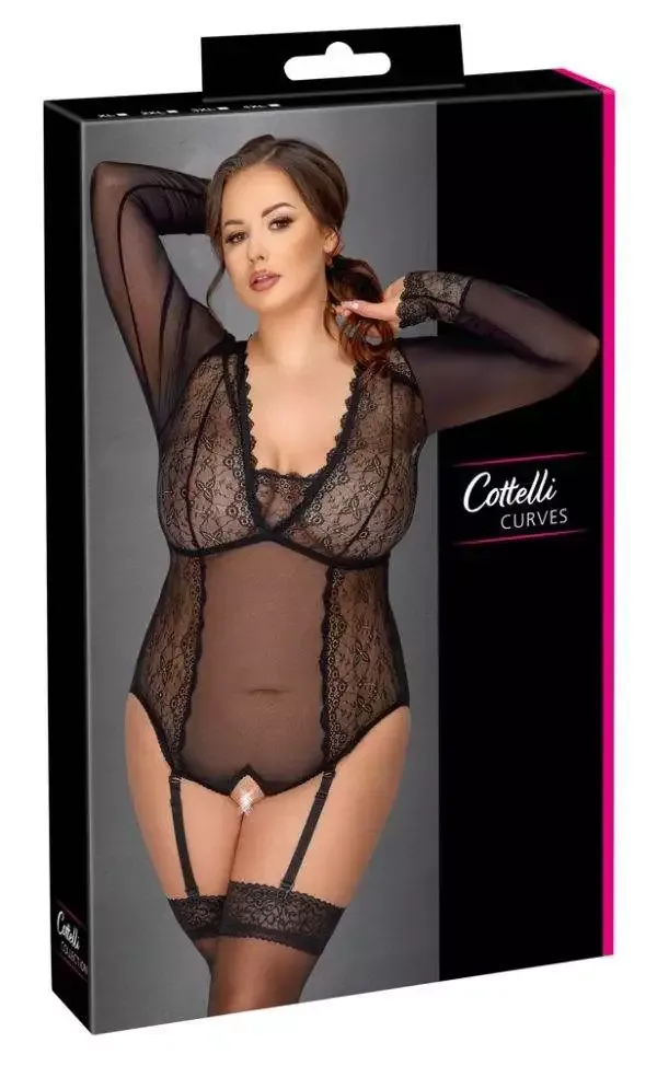 Cottelli CURVES Body Spitze - Sexy transparenter Langarm-Body schwarz Größe 2XL