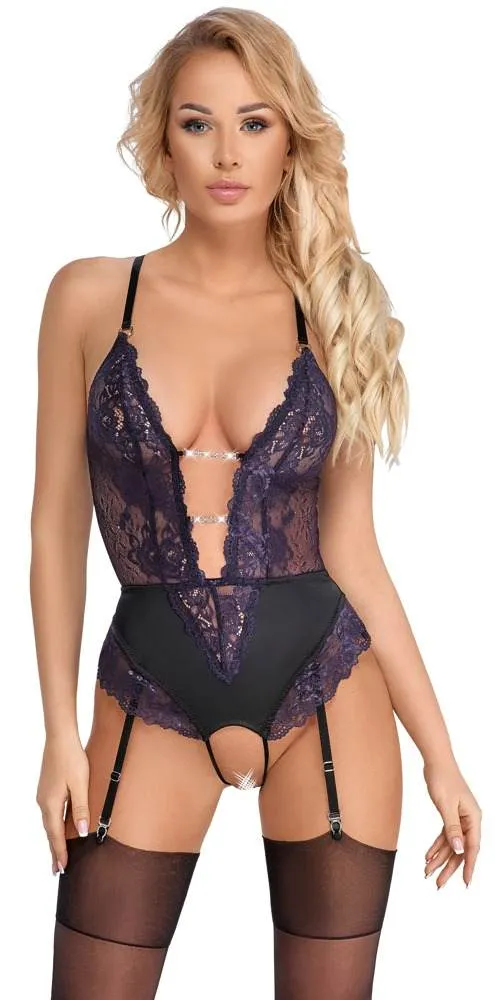 Cottelli LINGERIE - Ouvert-Body Strapsen, lila/schwarz Schwarz/Lila Größe M Cottelli LINGERIE - Ouvert-Body Strapsen, lila/schwarz Schwarz/Lila Größe M