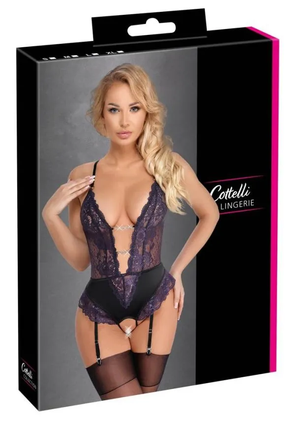 26435611021_verp Cottelli LINGERIE - Ouvert-Body Strapsen, lila/schwarz Schwarz/Lila Größe M