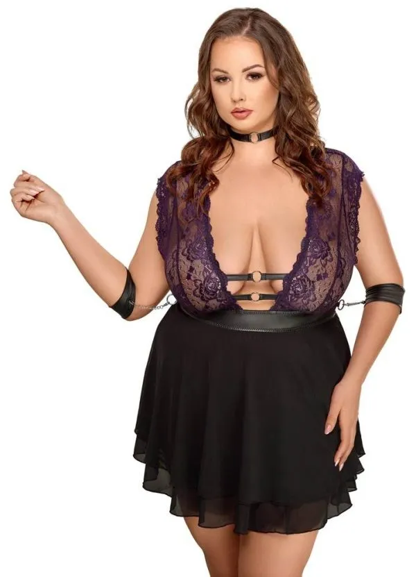 Cottelli BONDAGE PLUS Babydoll-Set: Fesselnd verspielt, lilafarbene Spitze, Armfesseln Schwarz/Lila Größe XL Cottelli BONDAGE PLUS Babydoll-Set: Fesselnd verspielt, lilafarbene Spitze, Armfesseln Schwarz/Lila Größe XL