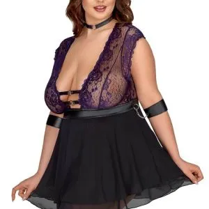 Cottelli BONDAGE PLUS Babydoll-Set: Fesselnd verspielt, lilafarbene Spitze, Armfesseln Schwarz/Lila Größe XL Cottelli BONDAGE PLUS Babydoll-Set: Fesselnd verspielt, lilafarbene Spitze, Armfesseln Schwarz/Lila Größe XL – Bild 4