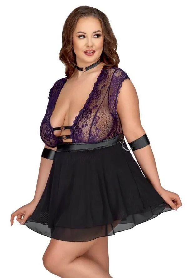 Cottelli BONDAGE PLUS Babydoll-Set: Fesselnd verspielt, lilafarbene Spitze, Armfesseln Schwarz/Lila Größe XL Cottelli BONDAGE PLUS Babydoll-Set: Fesselnd verspielt, lilafarbene Spitze, Armfesseln Schwarz/Lila Größe XL