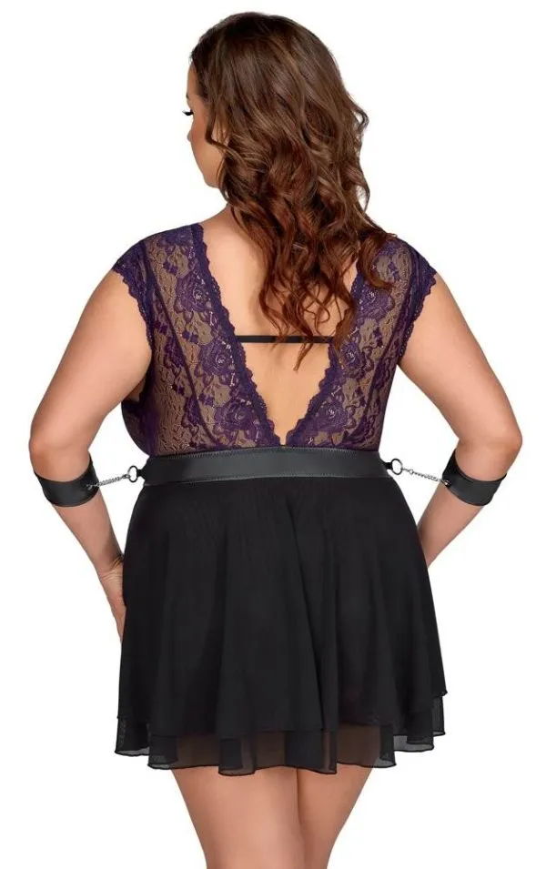 Cottelli BONDAGE PLUS Babydoll-Set: Fesselnd verspielt, lilafarbene Spitze, Armfesseln Schwarz/Lila Größe XL Cottelli BONDAGE PLUS Babydoll-Set: Fesselnd verspielt, lilafarbene Spitze, Armfesseln Schwarz/Lila Größe XL