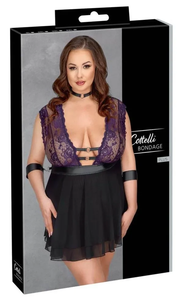 27414901051_verp Cottelli BONDAGE PLUS Babydoll-Set: Fesselnd verspielt, lilafarbene Spitze, Armfesseln Schwarz/Lila Größe XL