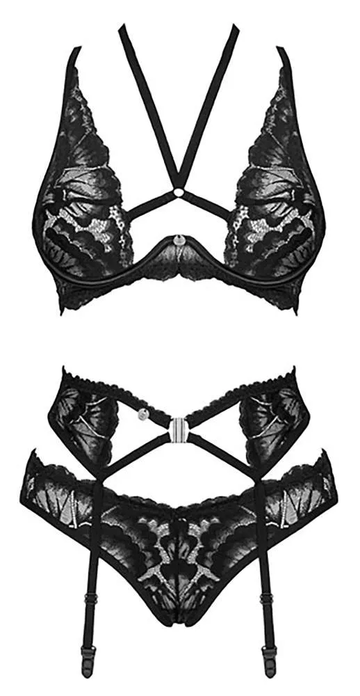 Obsessive Alessya Set - Bügel-BH, Strapsgurt und Slip aus Effektspitze schwarz XS/S Obsessive Alessya Set - Bügel-BH, Strapsgurt und Slip aus Effektspitze schwarz XS/S