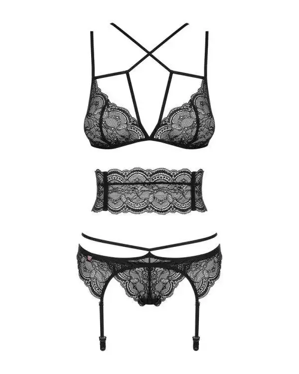 Obsessive Frivolla Set - 4-teiliges Set aus weicher Spitze mit Riemchen-Details schwarz L/XL