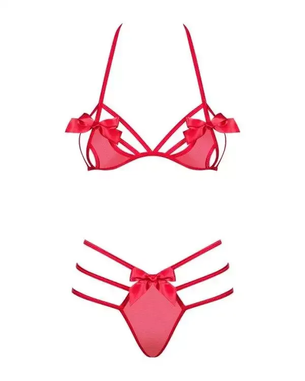 Obsessive Frivolla Set - 4-teiliges Set aus weicher Spitze mit Riemchen-Details rot S/M