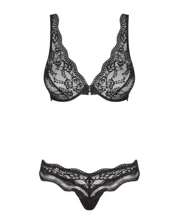 Obsessive Luvae Set - Spitzen-BH und String, elegante Spitze, verstellbare Träger schwarz L/XL