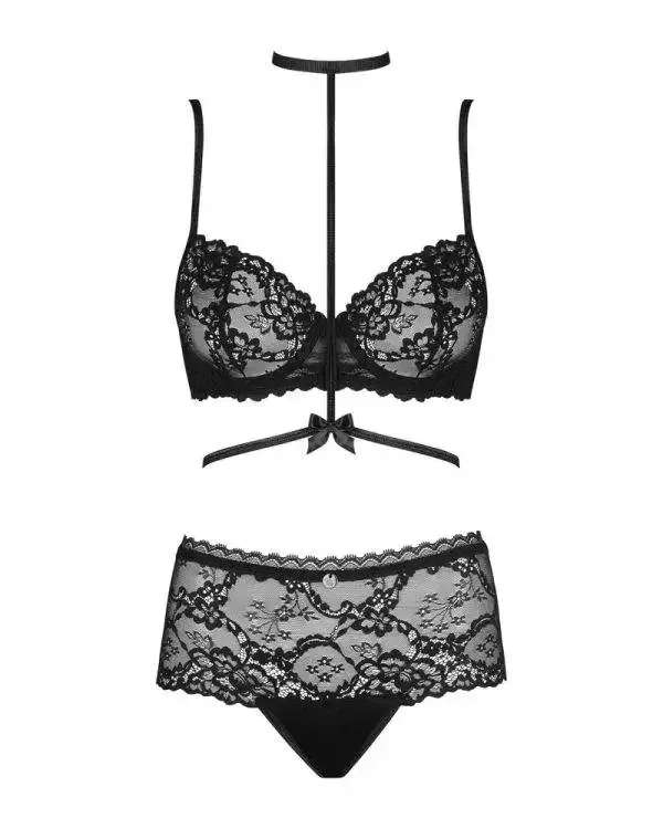 Obsessive Raquelia Set - Bügel-BH, High Waist String & Harness schwarz L/XL