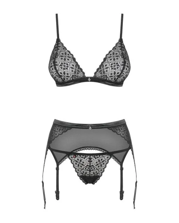 Obsessive Shibu Set - 3-teiliges Set in schwarzer Transparenz mit Spitzen-Details schwarz L/XL