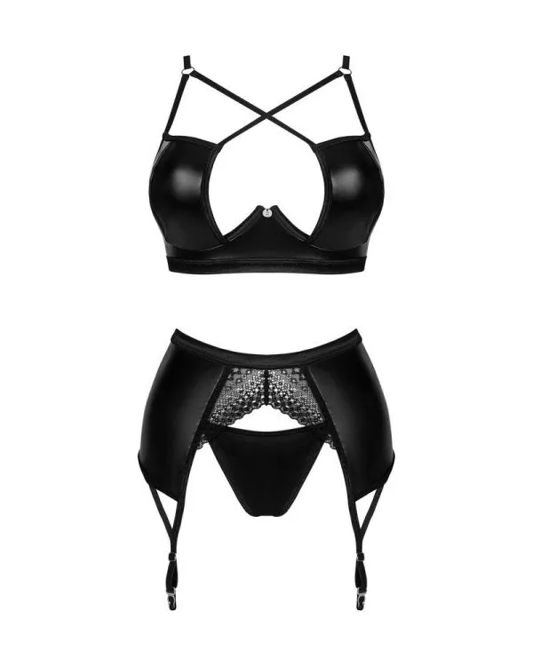 Obsessive Norides Set - Wetlook BH, Strapsgurt & String schwarz XL/2XL