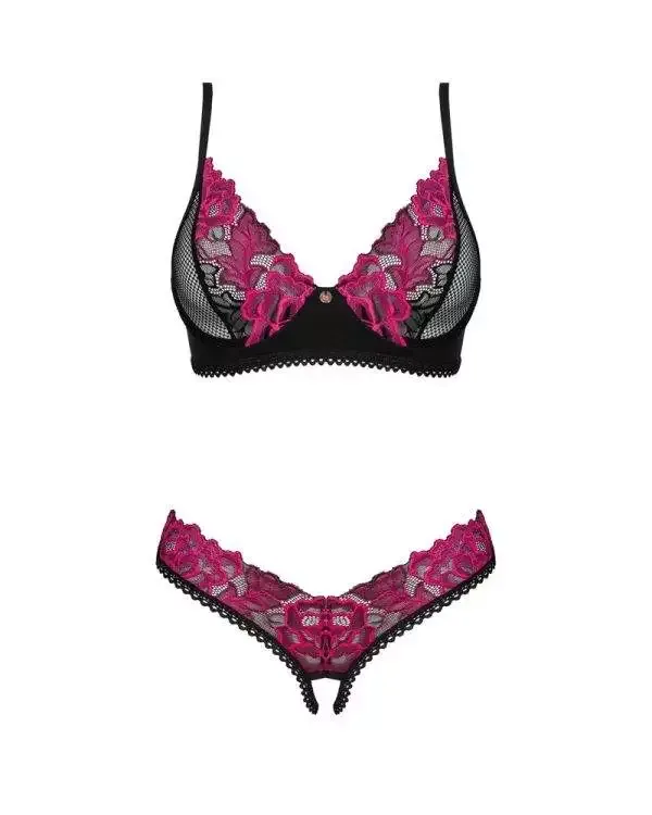 Obsessive Rosenty Set - Bügel-BH & String ouvert, feine Rosenspitze schwarz XS/S