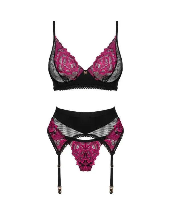 Obsessive Rosenty Set - Bügel-BH & String ouvert, feine Rosenspitze M/L