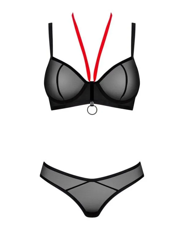 Obsessive Armares Set - Wetlook BH, Strapsgurt & String ouvert schwarz M/L