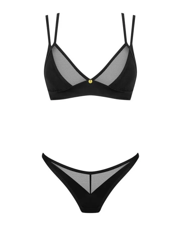Obsessive Set Nesari - BH & String, stylisches Design, feine Netz-Einsätze, verstellbare Doppelträger, zusätzliche Riemchen über dem Po schwarz XL/2XL