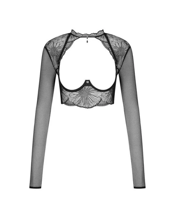 Obsessive Mibelia - Busenfreies Langarm-Top, Stretchnetz & Blütenspitze schwarz XS/S Obsessive Mibelia - Busenfreies Langarm-Top, Stretchnetz & Blütenspitze schwarz XS/S