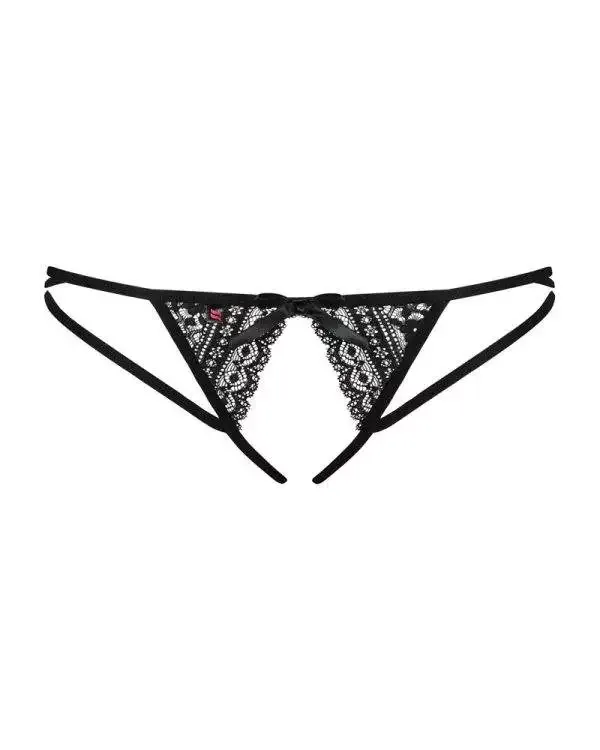 Obsessive Picantina Tanga - Verführerischer offener Schritt, Spitzenverzierungen, charmante Schleife schwarz L/XL