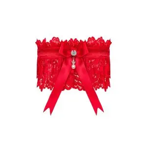 Obsessive Amor Blanco - Elastisches Strumpfband mit Spitze, Satinschleife & Schmuckanhänger rot