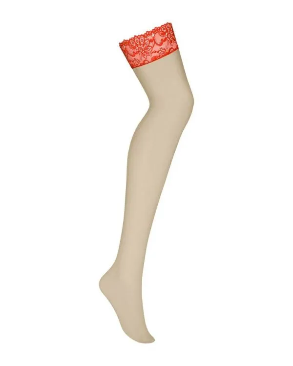 Obsessive Strapsstrümpfe 838-STO-3 - Nudefarben, elastischer Spitzen-Abschluss rot L/XL