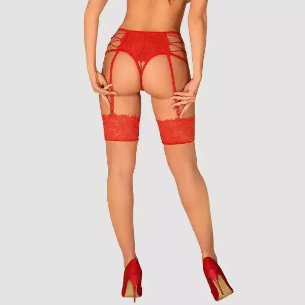 Obsessive Mellania - Selbsttragende Strümpfe mit rotem Spitzenbesatz rot S/M