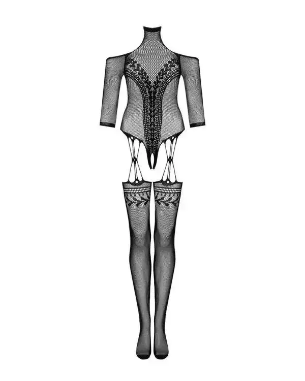 Obsessive Catsuit G332 - Sinnlicher Bodystocking in Schwarz, elastische Träger, offener Schritt schwarz S-L