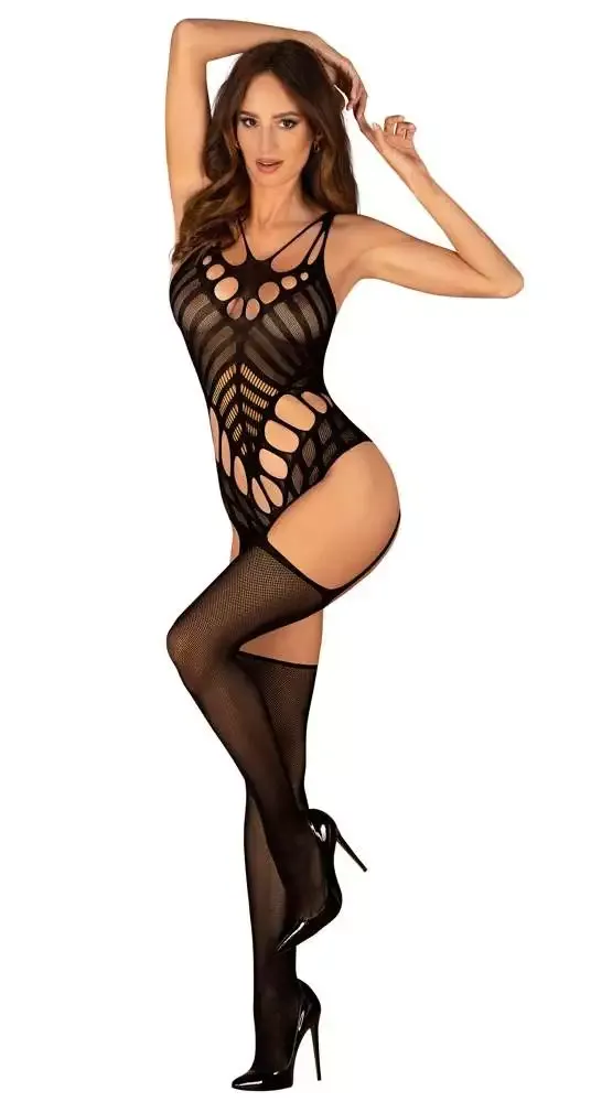 Obsessive N122 Bodystocking, feuerrot, , sexy Schnitt, originelles Muster schwarz S-L