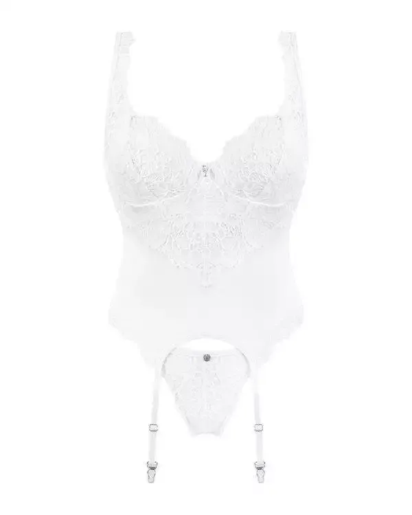 Obsessive Spitzen-Strapshemd & String, Blütenspitze, Cup-Riemchen weiß S/M