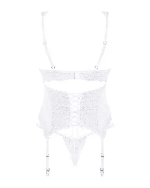 Obsessive Spitzen-Strapshemd & String, Blütenspitze, Cup-Riemchen weiß S/M Obsessive Spitzen-Strapshemd & String, Blütenspitze, Cup-Riemchen weiß S/M