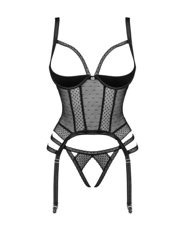 Obsessive Lacrisia Korsett und Tanga, schwarz, gewagter Schnitt, einzigartiges Kropfband, elegante Kombination aus Netz und Spitze, abnehmbare Strapsstrümpfe, angenehmes Material schwarz M/L