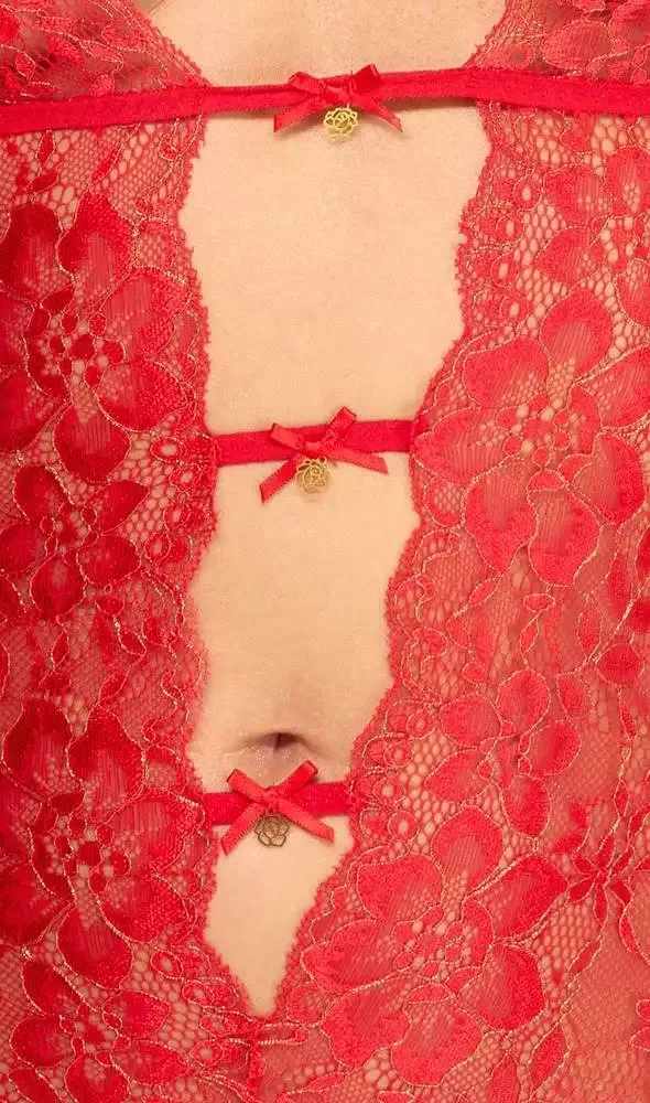 Kissable Verführerischer Spitzen-Straps-Body in Rot mit Goldakzenten, Größe S/M Kissable Verführerischer Spitzen-Straps-Body in Rot mit Goldakzenten, Größe S/M