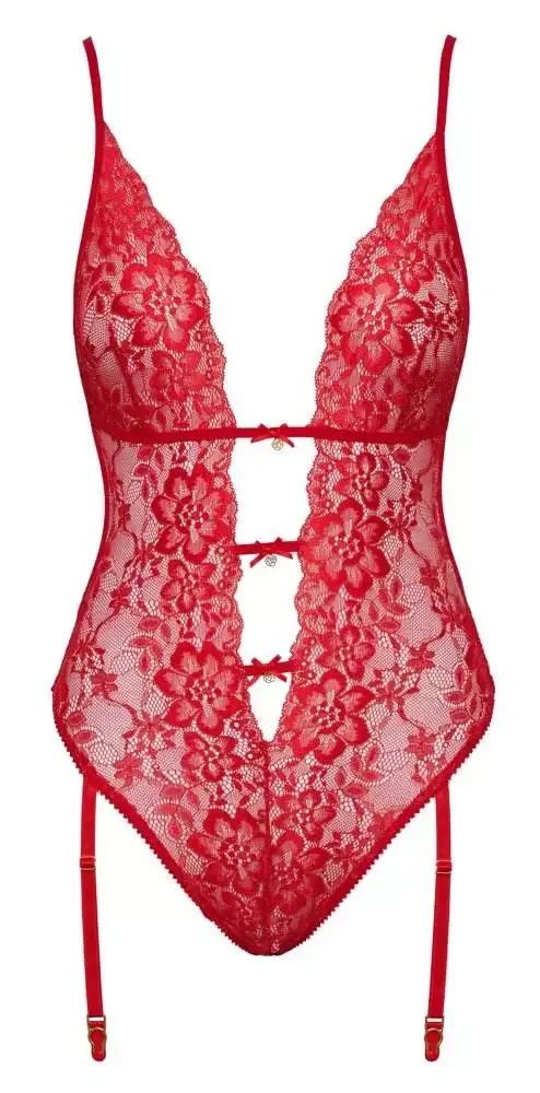 Kissable Verführerischer Spitzen-Straps-Body in Rot mit Goldakzenten, Größe S/M Kissable Verführerischer Spitzen-Straps-Body in Rot mit Goldakzenten, Größe S/M