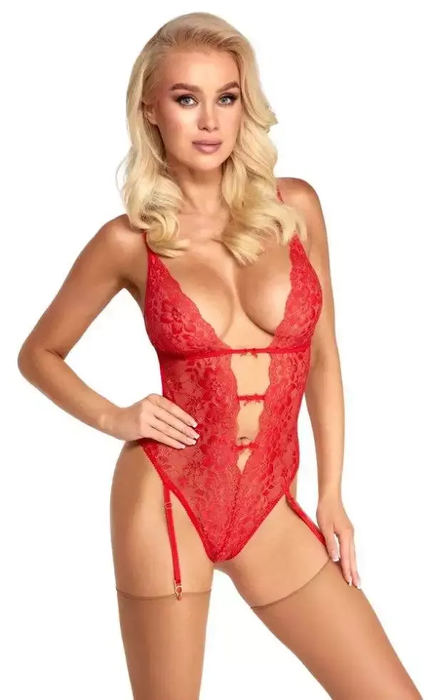 Kissable Verführerischer Spitzen-Straps-Body in Rot mit Goldakzenten, Größe S/M