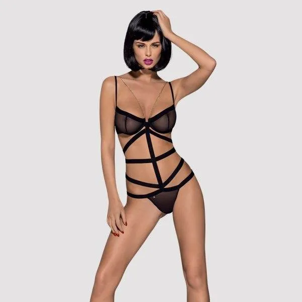 26439871111_nor_a Obsessive Teddy B139 - gewebter Tanga mit offenem Schritt, geometrisches Muster, tiefer Rückenausschnitt, ärmellos (90% Polyamid, 10% Elasthan) schwarz S/M