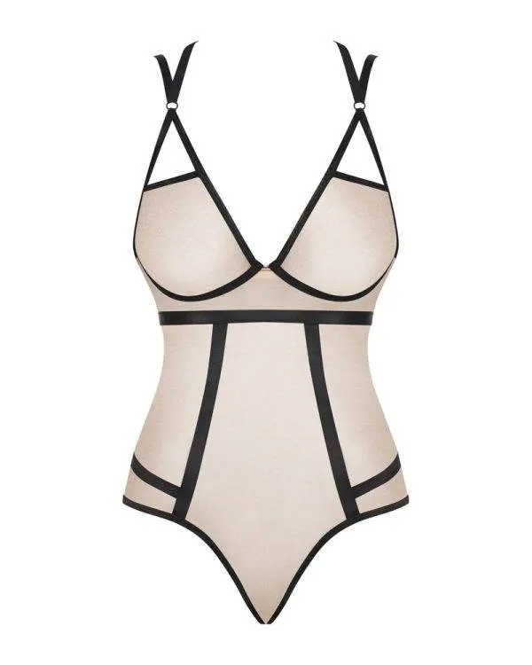 Obsessive Body Moketta - Verführerischer Spitzen-Body mit glänzenden Streifen braun S/M Obsessive Body Moketta - Verführerischer Spitzen-Body mit glänzenden Streifen braun S/M