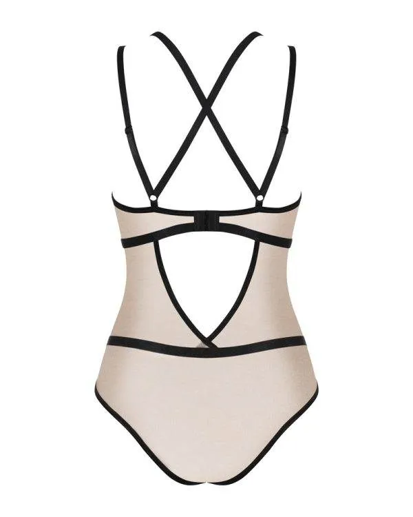 Obsessive Body Moketta - Verführerischer Spitzen-Body mit glänzenden Streifen braun S/M Obsessive Body Moketta - Verführerischer Spitzen-Body mit glänzenden Streifen braun S/M