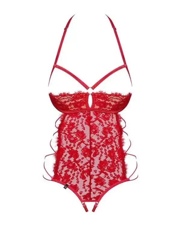 Obsessive Rediosa-Teddy. Roter Teddy mit offenen Cups und verstellbarem Schritt. rot L/XL