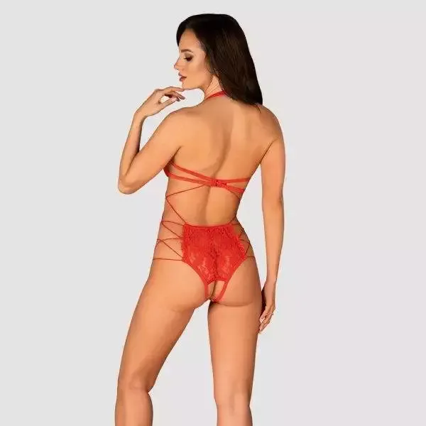 Obsessive Rediosa-Teddy. Roter Teddy mit offenen Cups und verstellbarem Schritt. rot L/XL