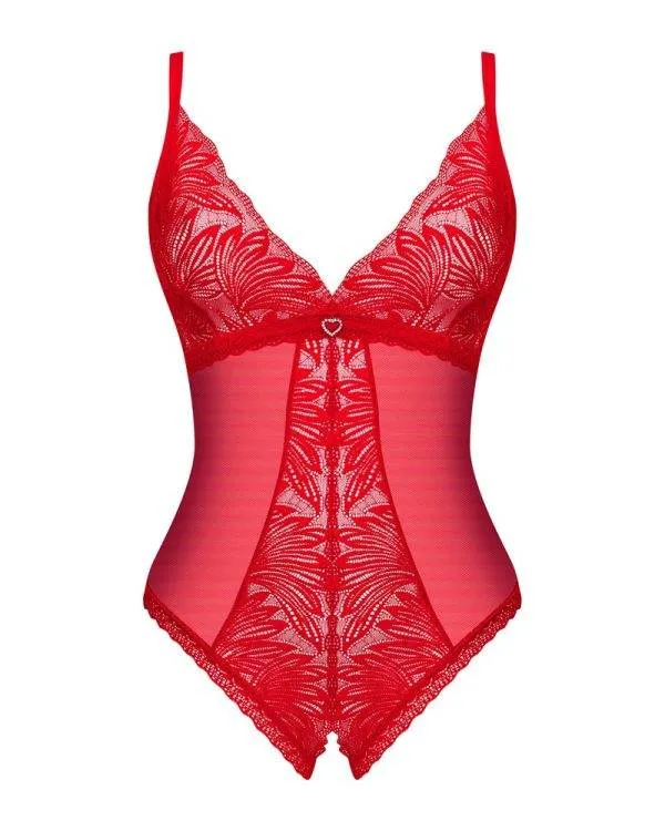 Obsessive Stringbody ouvert Nesari - Schwarzer verführerischer Stringbody mit blickdichten Details rot M/L