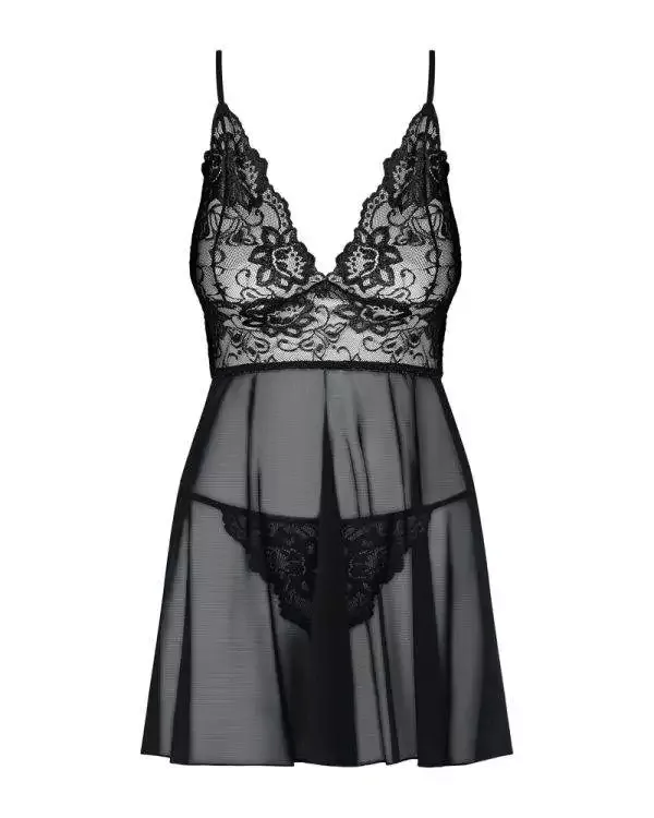 Obsessive Eleganz Babydoll - Sinnliche Spitze, verstellbare Träger, inklusive Tanga (90% Polyamid, 10% Elasthan) schwarz L/XL