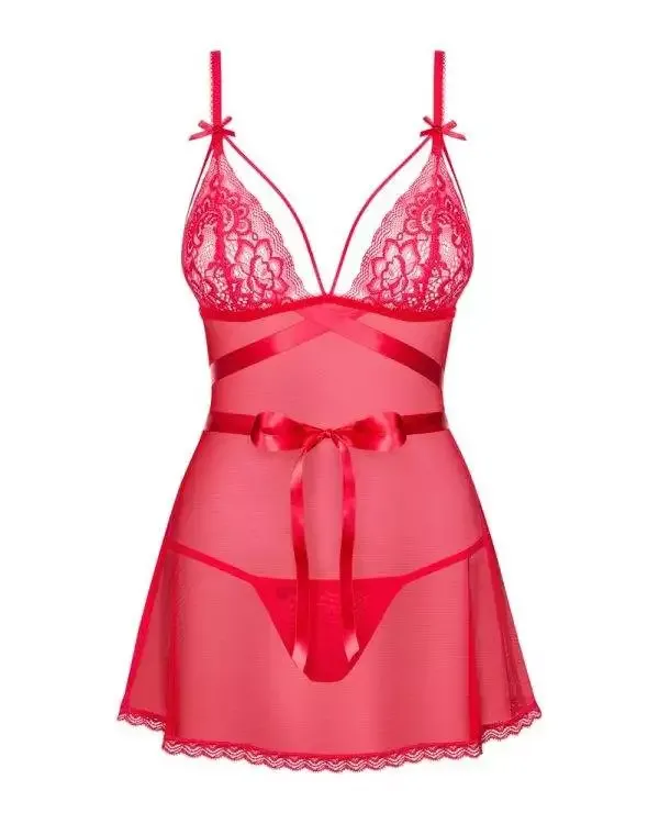 Obsessive Lovlea - Aufregend transparentes Babydoll Set rot L/XL