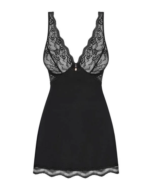 Obsessive Luvae - Elegantes Babydoll Set mit Spitze und Perlen schwarz L/XL