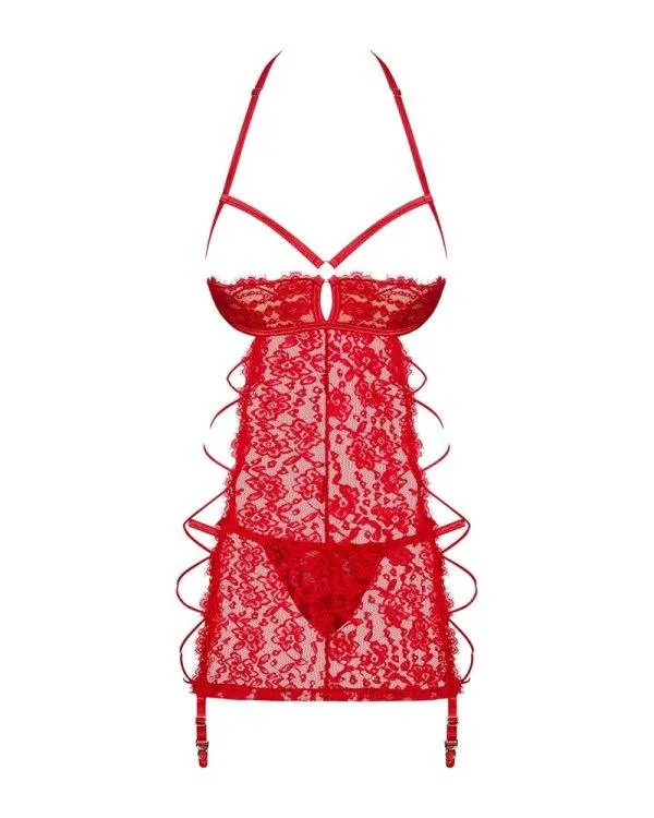 Obsessive Rediosa Hemdchen inkl. Tanga - Verführerisches Spitzenmuster, offene Cups, verstellbare Träger rot L/XL