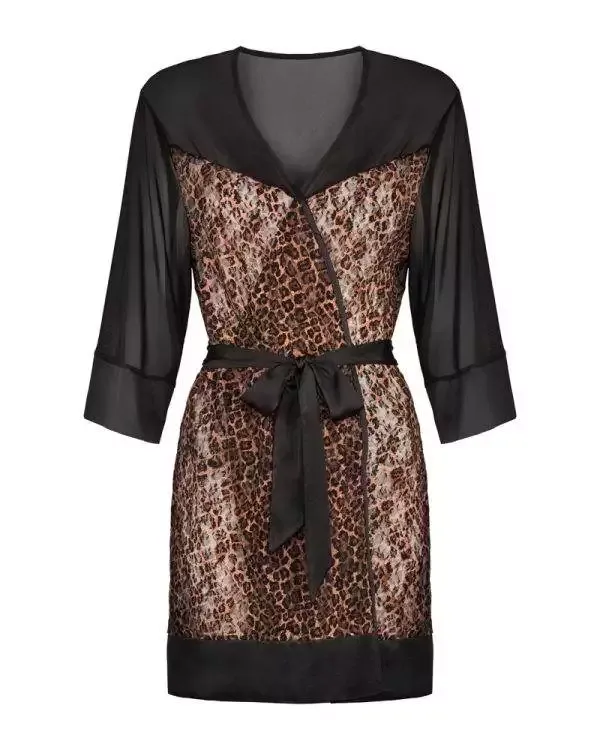 Obsessive Kimono 810-PEI-1 - Kurzärmeliger Satin-Kimono mit Spitzenabschlüssen S/M